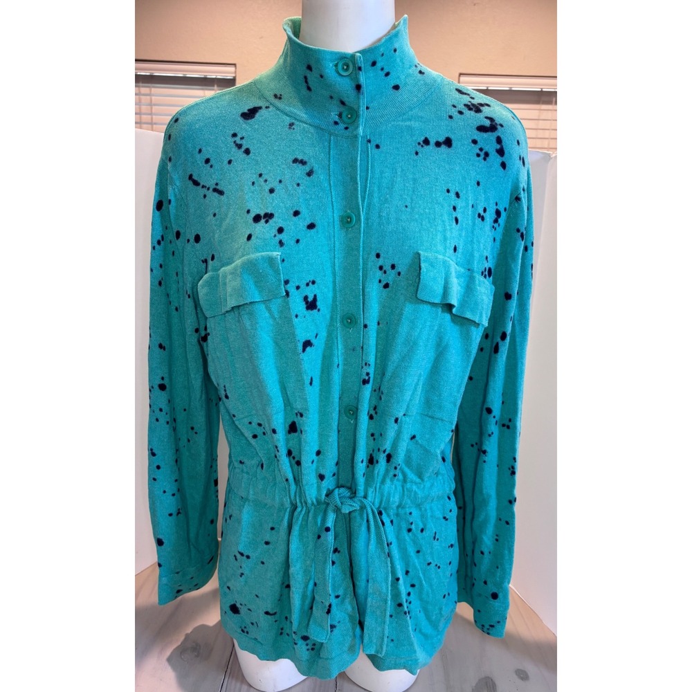 NIC+ZOE Womens XL Teal Green Paint Splatter Button Front Drawstring Cardigan